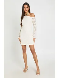 Premium Crochet Lace Off The Shoulder Mini Dress - cream