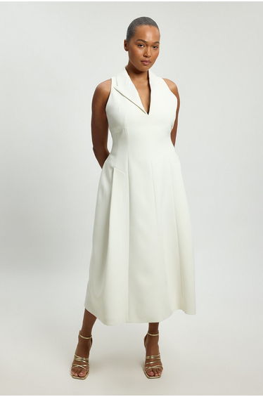 Plus Size Compact Stretch Seam Detail Tailored Full Skirted Midi Dress