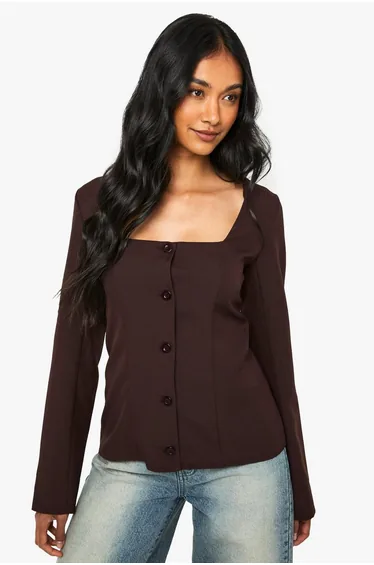 Square Neck Collarless Blazer - chocolate