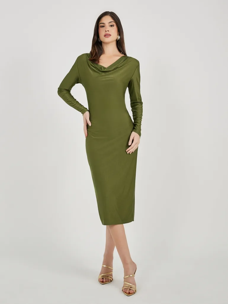 Solid Cowl Neck Bodycon Midi Dress Styli : Day Dresses : VogaCloset Oman
