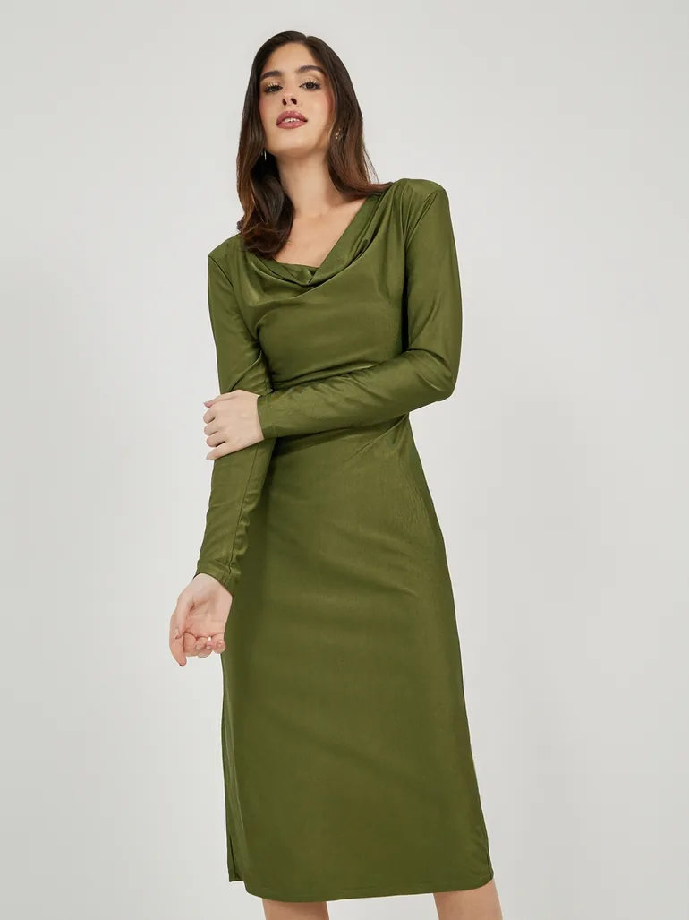 cowl neck bodycon midi dress Rust Satin Cowl Neck Bodycon Midi Dress