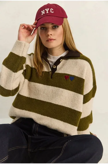 LUCCI Oversized Striped Polo Collar Sweater with Embroidery