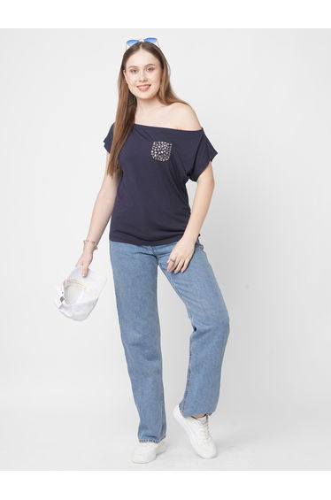 Women Navy Blue Embellished Detail One Side Off-Shoulder T-Shirt