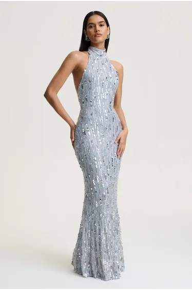 Zaira | Silver Sequin High-Neck Maxi Dress With Open-Back