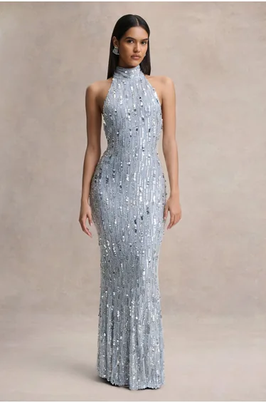 Zaira | Silver Sequin High-Neck Maxi Dress With Open-Back