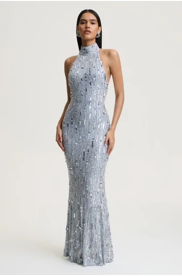 Zaira | Silver Sequin High-Neck Maxi Dress With Open-Back