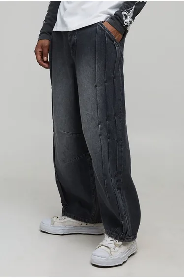 Barrel Pleated Stud Detail Washed Jeans - light grey