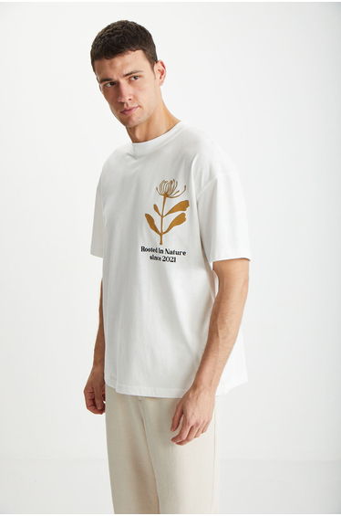 Men's 100% Cotton Crew Neck Printed Ecru T-Shirt
