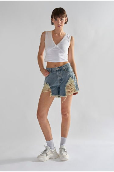 Heavy Vintage-Wash Distressed Denim Shorts