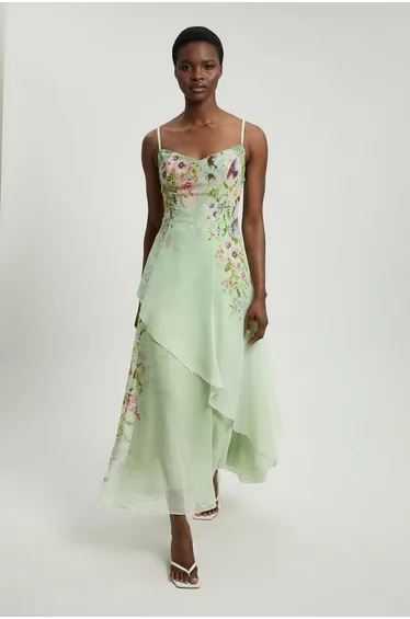 Chiffon Floral Print Strappy Woven Maxi Dress