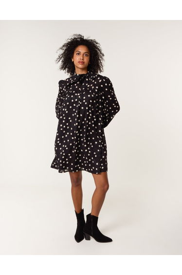 Polka Dot Tie Neck Smock Dress