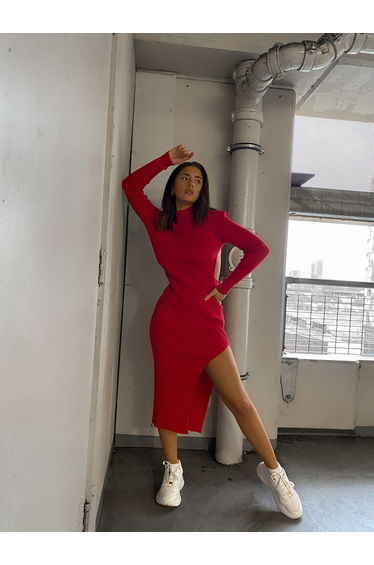 Glamorous Care Poppy Red High Neck Side Split Backless Midi Dress