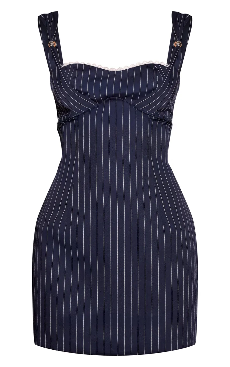 pinstripe bodycon dress Women's Black Pinstripe High Neck Flute Sleeve Bodycon Dress