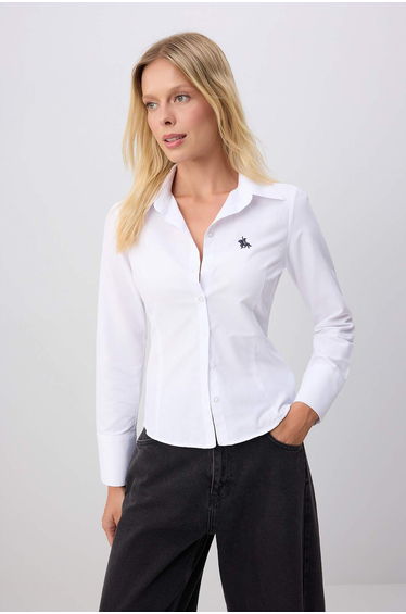 White Fitted Shirt with Horse Embroidery and Woven Detail