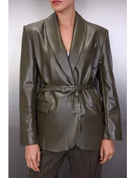 Khaki Belted Double Breasted Faux Leather Woven Blazer Jacket - 2