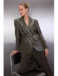 Khaki Belted Double Breasted Faux Leather Woven Blazer Jacket