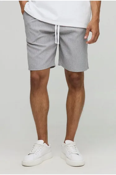 شورت مخطط بخصر إيلاستيك بتصميم واسع - رمادي