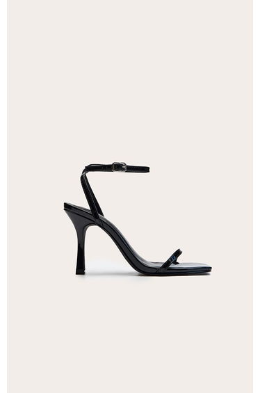 Black PU Square Toe Barely There Mid Heeled Sandal