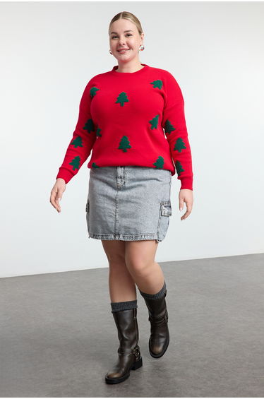 Red Embroidered New Year's Themed Knitwear Sweater