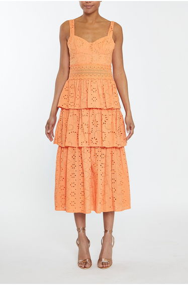 Evelyn Canteloupe Broderie Layered Broderie Midi-Dress