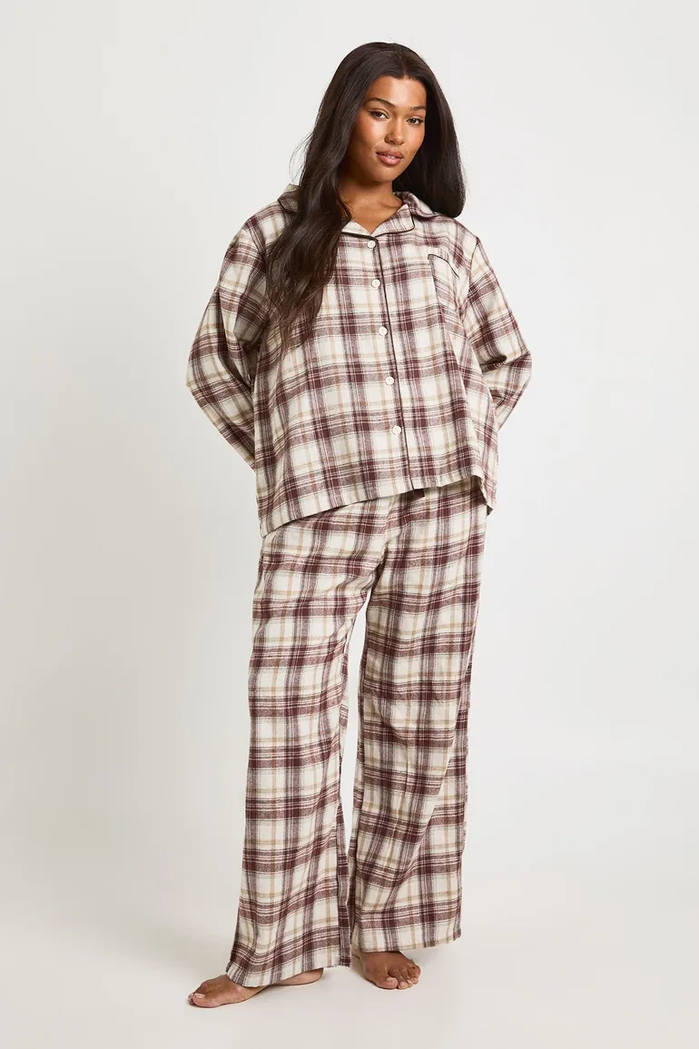 Plus Brushed Check Long Sleeve Shirt and Trouser Pyjama Set - chocolate