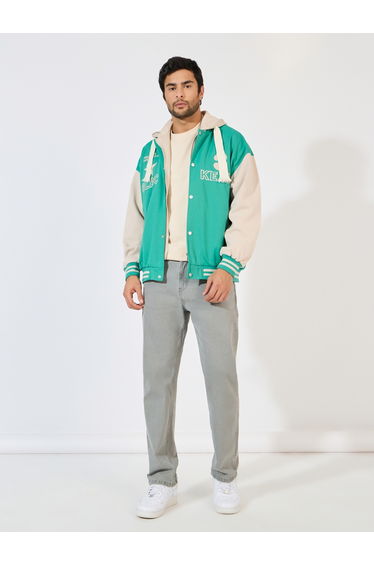 Hooded Varsity Embroidered Badge Detail Bomber Jacket