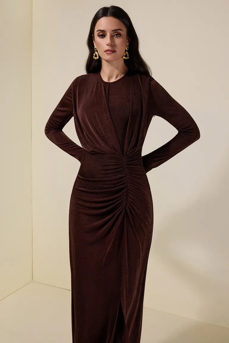 Jersey Gathering Long Sleeve Maxi Dress - 3