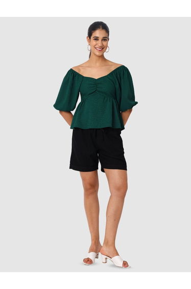 Women Dark Green Off Shoulder Tie-Back Top