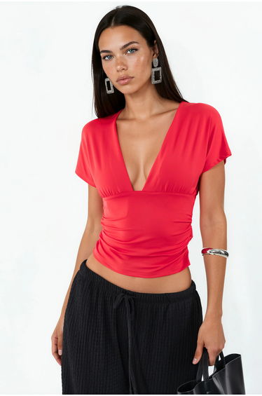 BUSEM Fitted Crop Blouse With Tie Detail
