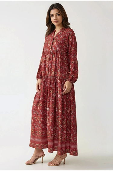 Printed V-Neck Maxi Dress with Buttons