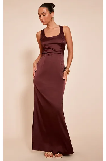 Chocolate Satin Cross Back Midaxi Dress
