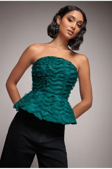 Peplum 3D Textured Boob Tube Lace Up Corset - Emerald Green by Goddiva