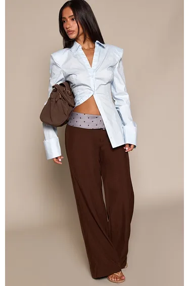 Petite Chocolate Contrast Polka Dot Waistband Low Waist Tailored Trousers