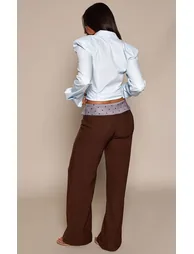 Petite Chocolate Contrast Polka Dot Waistband Low Waist Tailored Trousers - 2