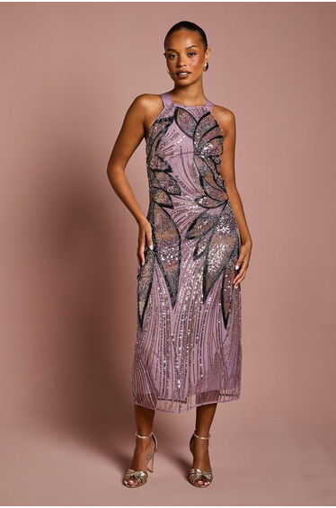 Petite High Neck Beaded Column Midi Dress