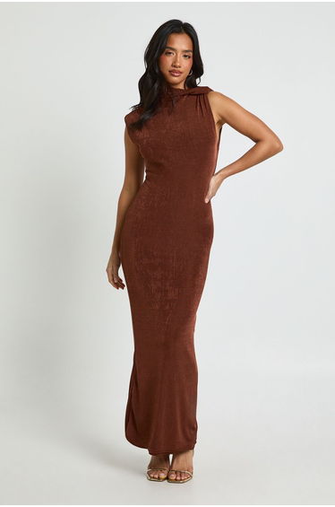 Petite Acetate Slinky Twist Neck Maxi Dress - chocolate