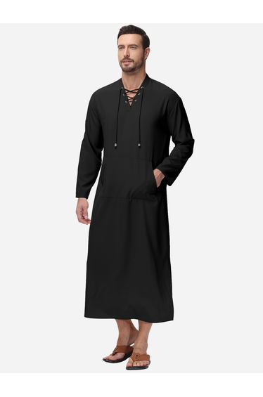 Solid Drawstring Long Sleeve Pocket Detail Robe