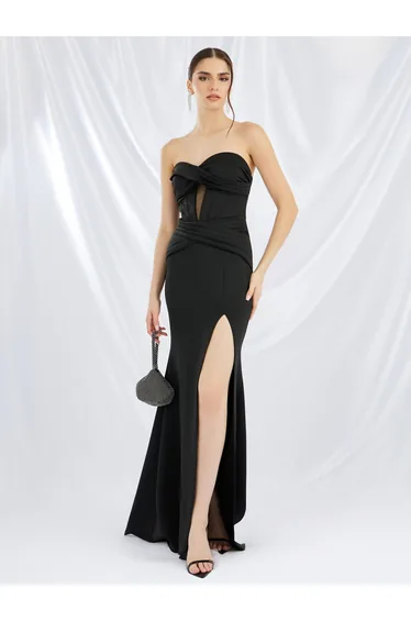 Plain Strapless Corset Mermaid Maxi Dress with High Slit