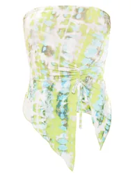 Green Print Slinky Ruched Asymmetric Bandeau - 4