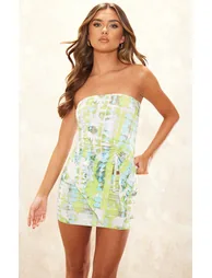 Green Print Slinky Ruched Asymmetric Bandeau
