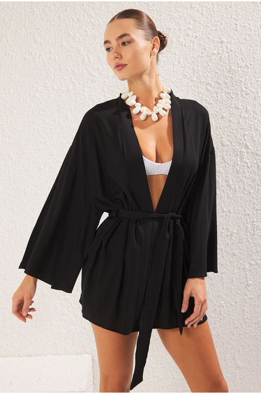 Black*001 Patterned Short Woven 100% Wool/viscose Kimono&Kaftan