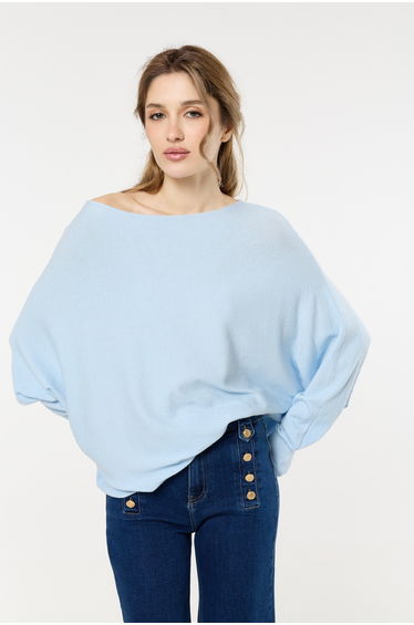 Blue Wool Blend Off Shoulder Batwing Knit Jumper