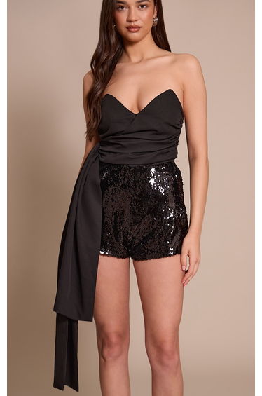 Black Contrast Drape Sequin Short Playsuit
