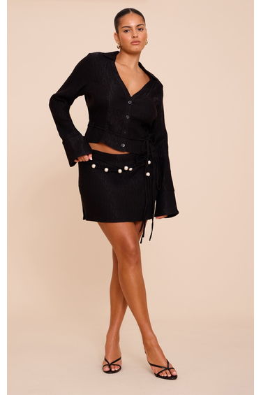 Plus Black Crinkle Textured Bead Detail Mini Skirt