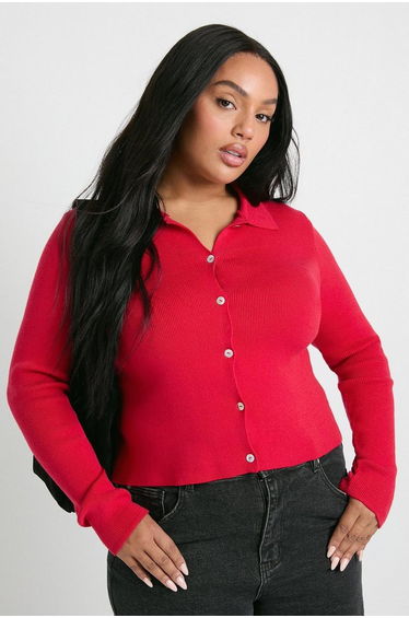 Plus Collared Compact Knit Cardigan - red