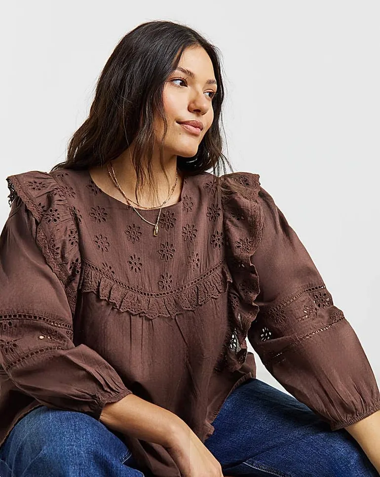 Brown Broderie Yoke Blouse - 1