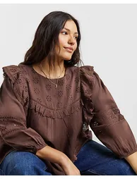 Brown Broderie Yoke Blouse - 1