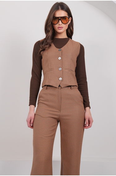 Women's Tan Plaid Patterned Lined Vest