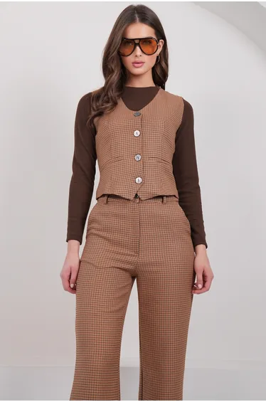 Women's Tan Plaid Patterned Lined Vest