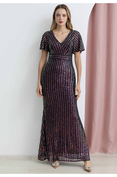 Ravishing V-Neck Sequined Mermaid Gown in Navy